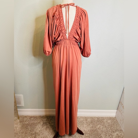 ASOS DESIGN Apricot Rust Pleated Cotton Maxi Dress with Pleated Waist | Size 8 - Picture 6 of 8